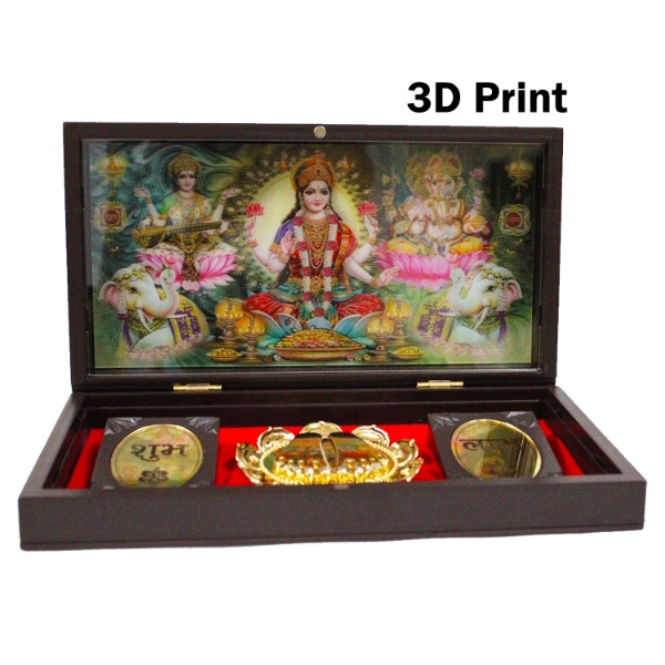 Picture of Beautiful Brown Fiber 3D Royal Box/Peti Of Laxmi, Ganpati, Sarswati With Charan Paduka 