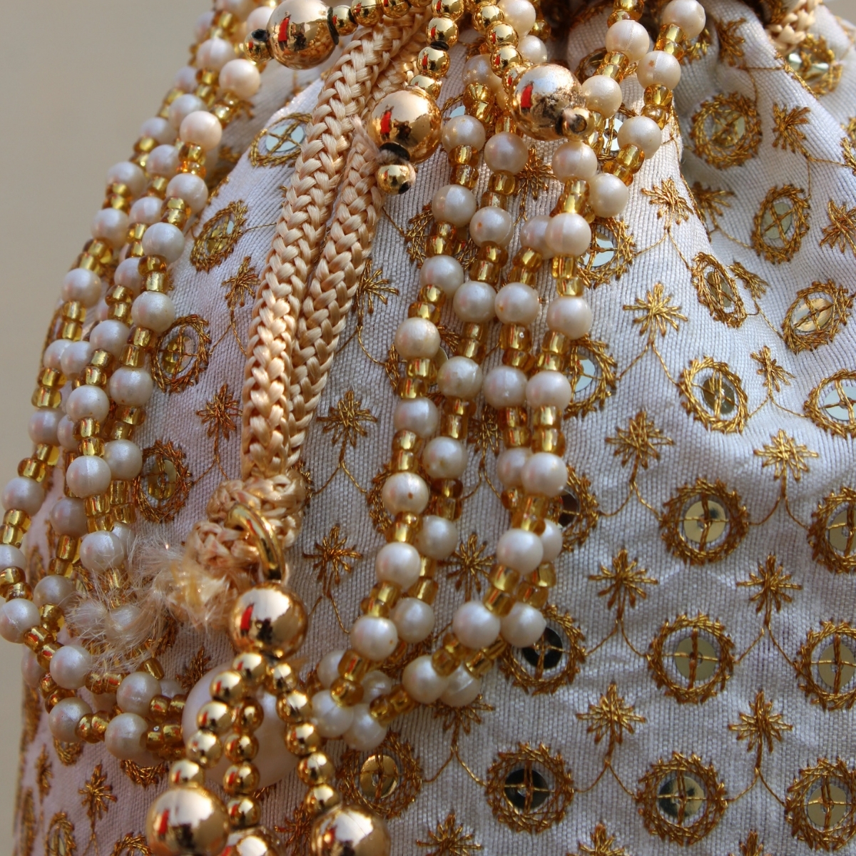 Designer Cream Golden Work Potali/Batwa | Jainkart