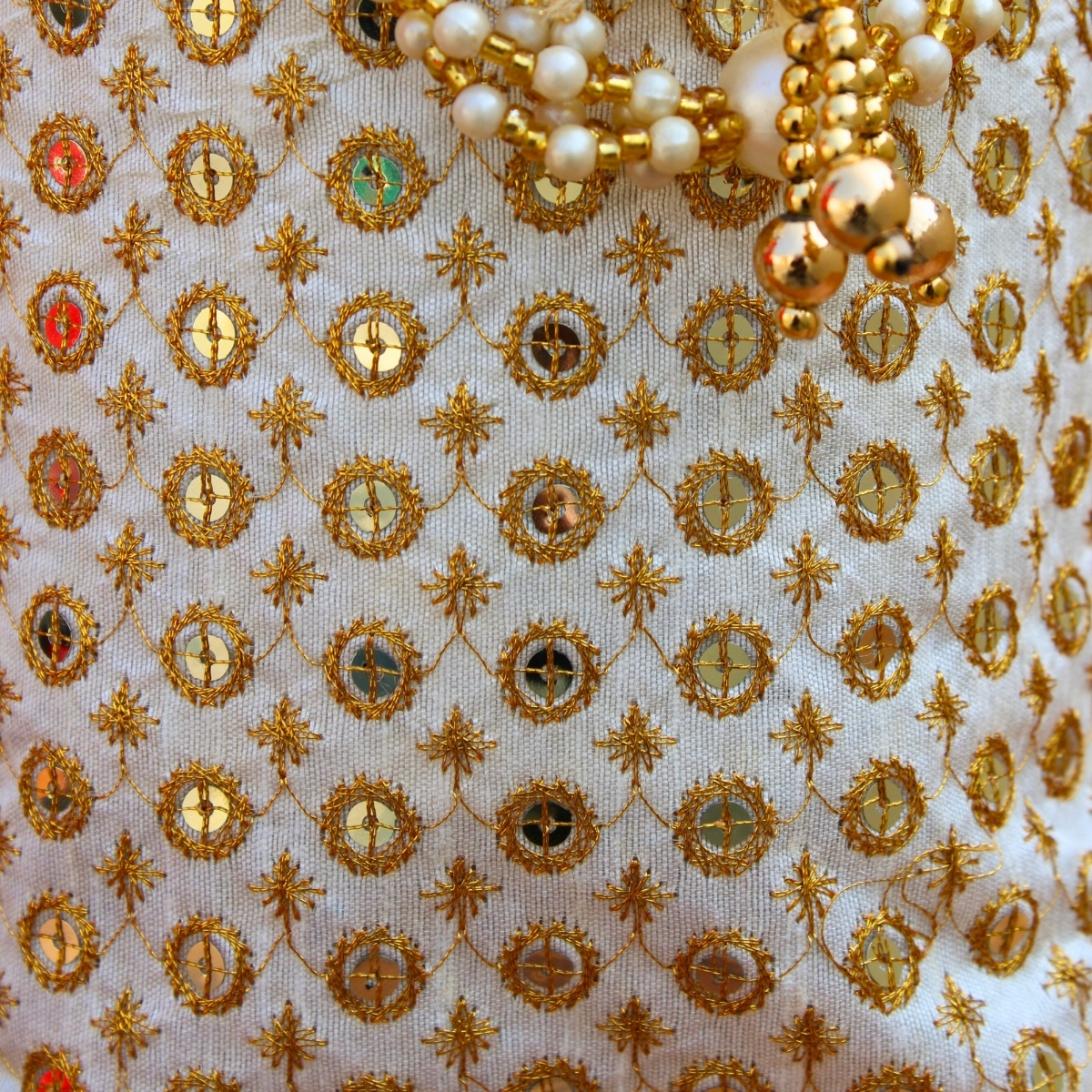 Designer Cream Golden Work Potali/Batwa - Buy Jain Designer Cream ...