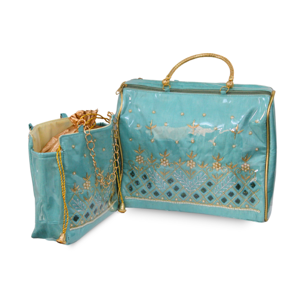 Picture of Aqua Blue Zardosi Handwork Samayik Bag Batwa Set