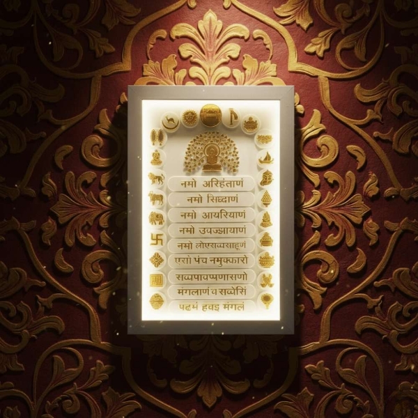 Picture of Acrylic White Engraved Navkar Mantra With 14 Swapna And Ashtmangal Frame (Size - 12 x 18 inches)