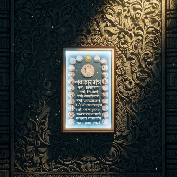Picture of Wooden Blue Texture Engraved Navkar Mantra Frame (Size - 22 x 14 inches)