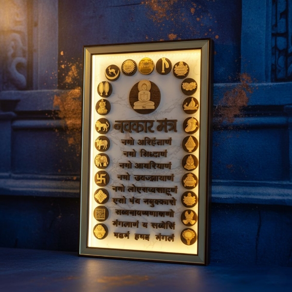 Picture of Wooden Engraved Navkar Mantra With 14 Swapna And Ashtmangal Frame (Size - 22 x 14 inches)
