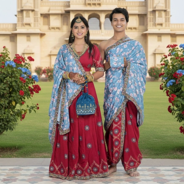 Picture of Floral Red-Blue Couple Pooja Jod