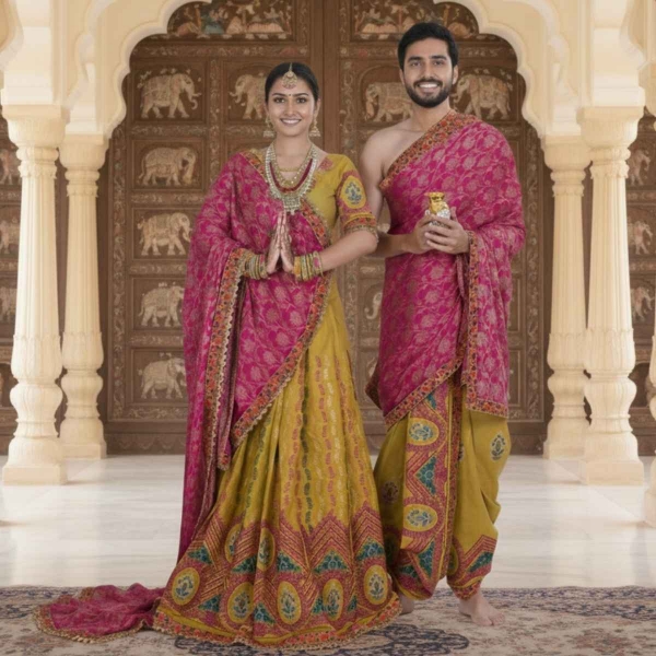 Picture of Pink-Mustard couple pooja jod