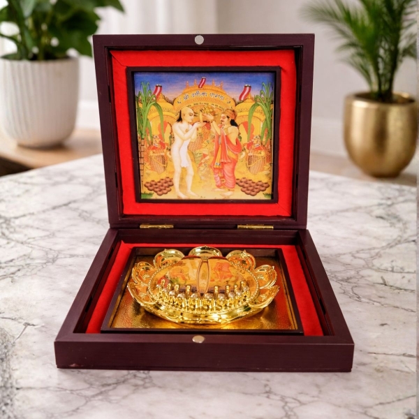 Picture of Deluxe Brown Varshitap Parna Box With Charan Paduka (Size - 4.5 x 4.5 inches)