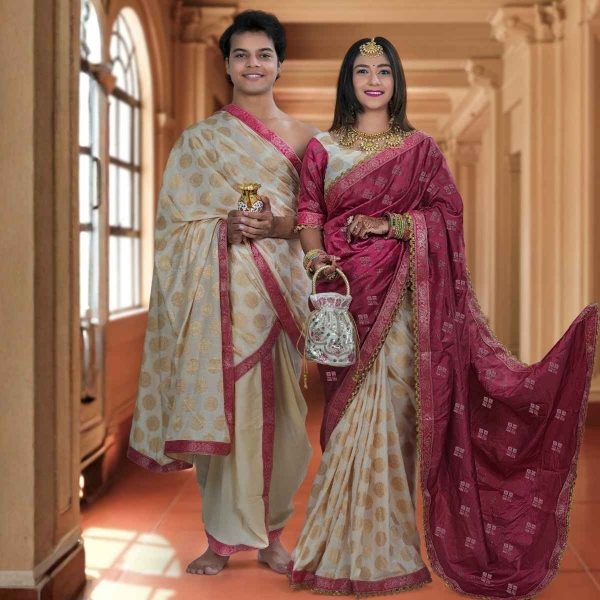 Picture of Cream-Maroon Couple Pooja Jod