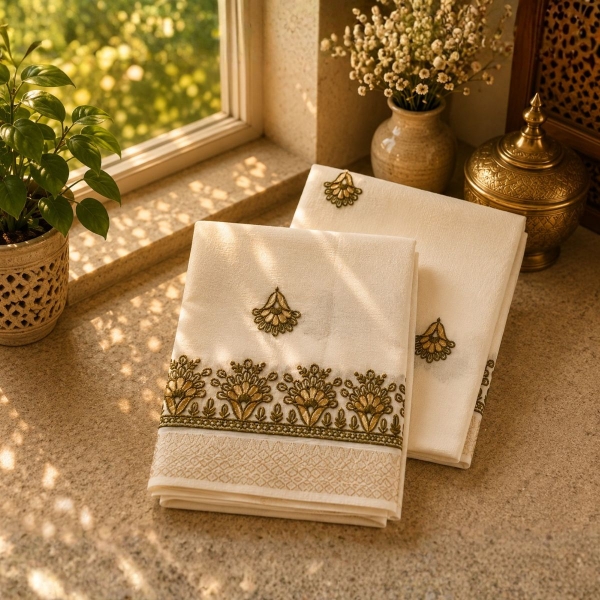 Picture of White Colour Pooja Jod With Embroidery Work